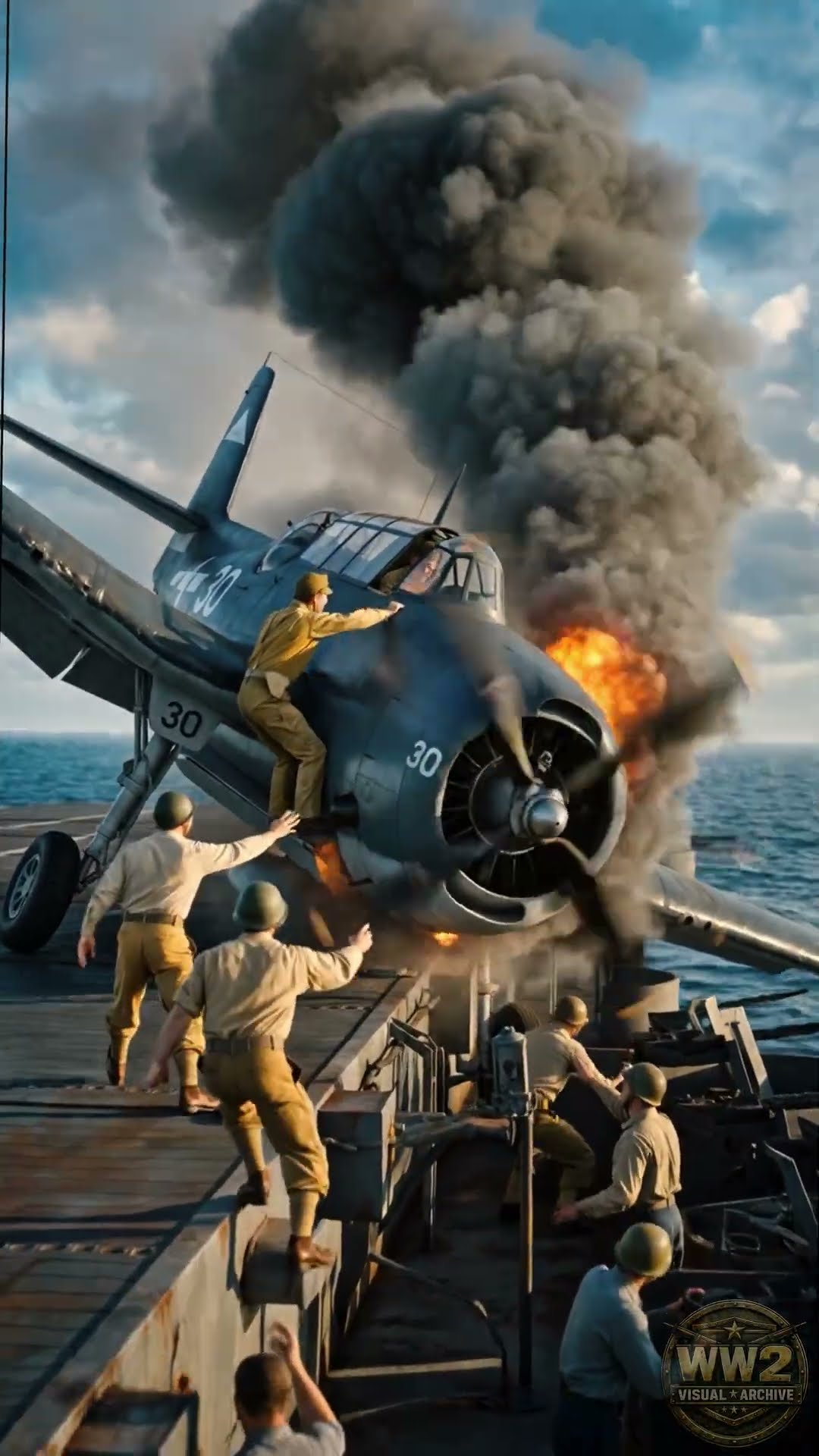 A burning Hellcat on USS Enterprise's flight deck with the pilot still in the cockpit