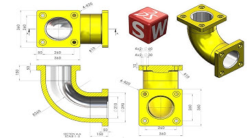 SolidWorks Tutorial includes  Extruded Boss/Base, Swept Boss/Base, Extruded Cut, Chamfer and Fillet.