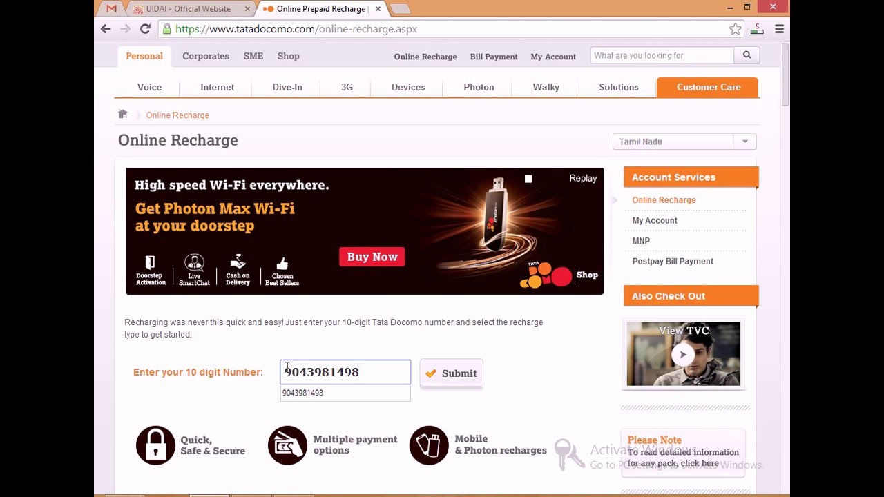 How to recharge your Tata Docomo Mobile Online