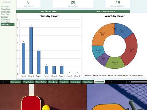 Pickleball Sheet: Round Robin Organizer — Excel Spreadsheet with Standings, Score Tracker & Dashboar