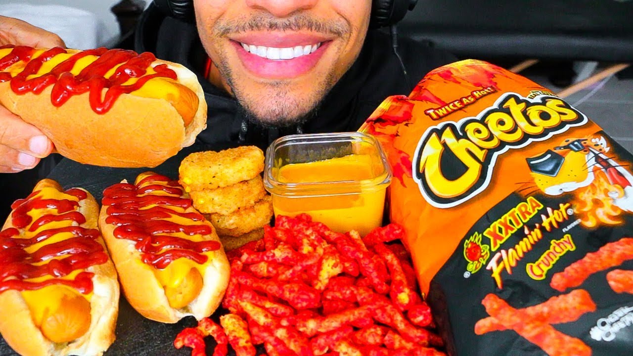ASMR CHEESY HOT DOGS CHICKEN NUGGETS HOT CHEETOS CHEESE SAUCE MUKBANG *BIG BITES* JERRY EATING SHOW
