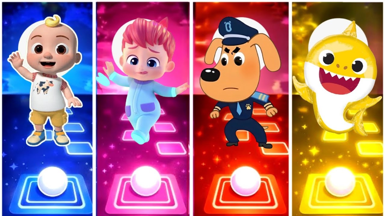 Cocomelon vs Bebefinn vs sheriff labrador vs Baby shark.Tiles hope edm rush game. 