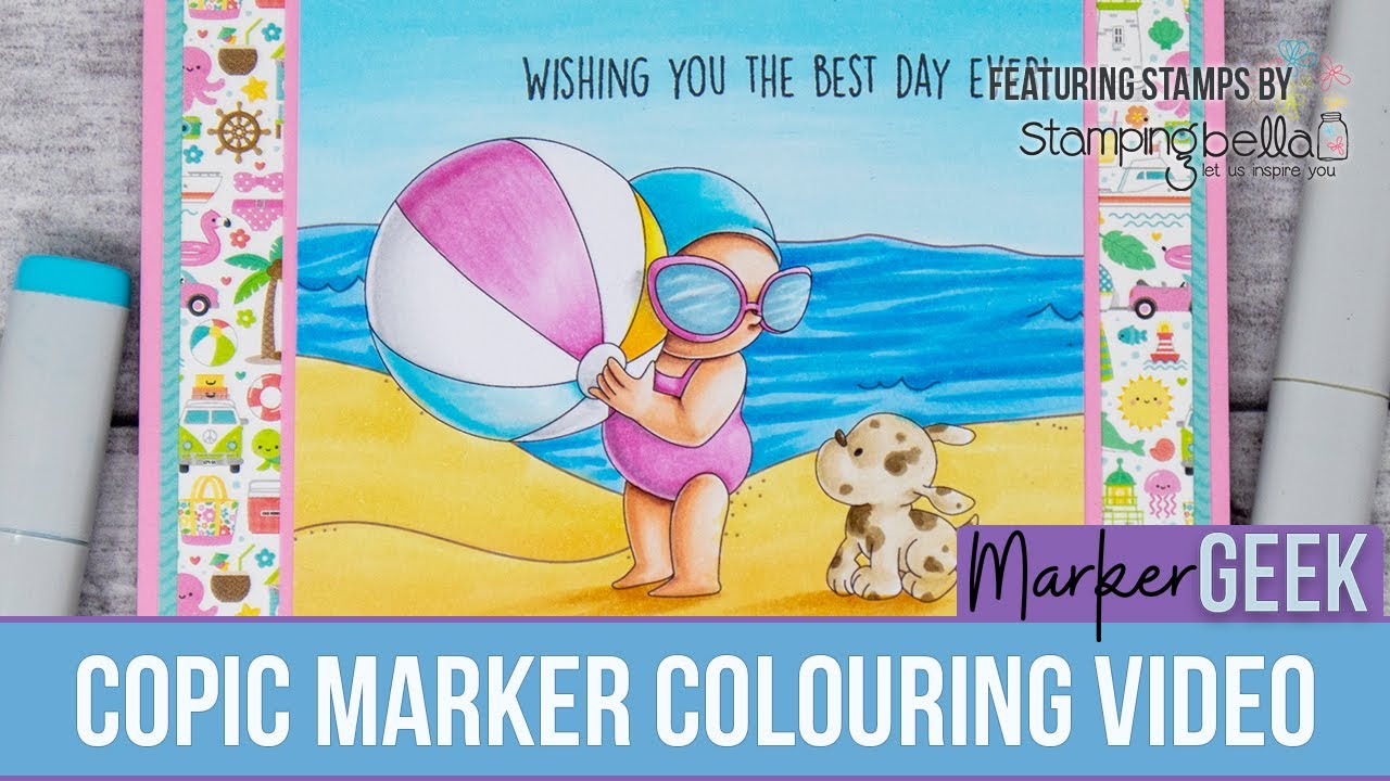 Copic Marker Colouring Stamping Bella Summer Bundle Girl with Beach Ball & Puppy rubber stamps