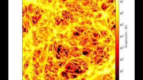 Enzo cosmology simulation: full-volume projection of baryon temperature