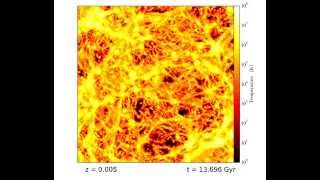 Enzo cosmology simulation: full-volume projection of baryon temperature