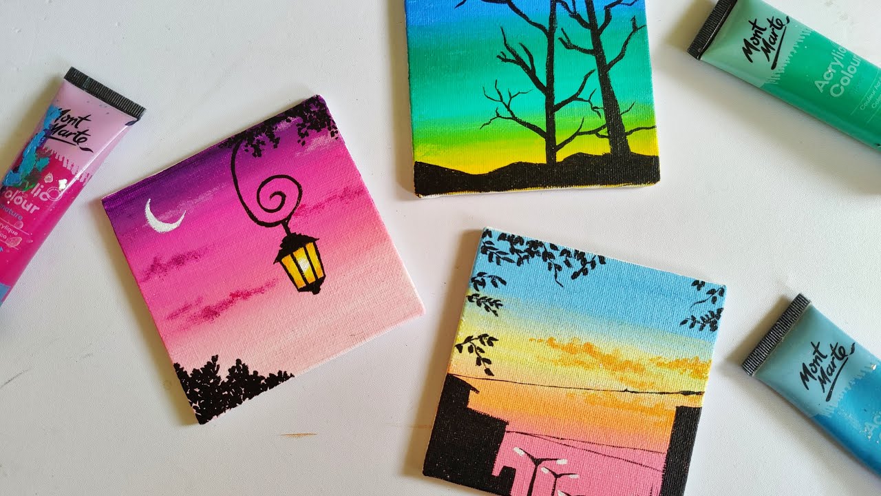 3 Paintings for beginners || 3 mini canvas paintings part 21 ...