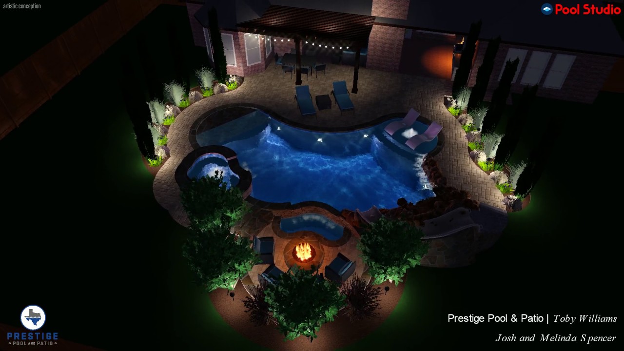 Negative Edge swimming pool with fire pit and slide/grotto combo