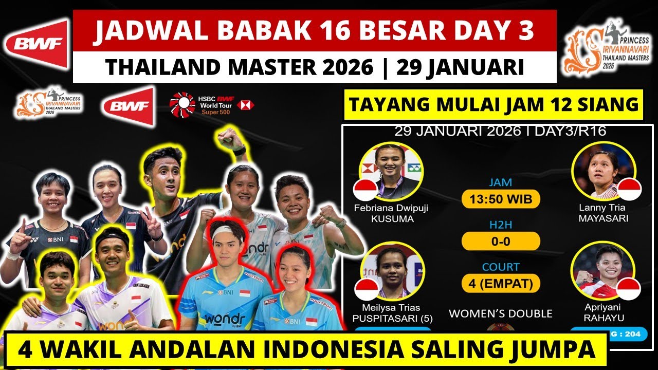 ADUH 4 WAKIL INDONESIA SALING JUMPA DI R16!! Jadwal Thailand Masters 2026 Day 3 Hari ini Jam 12