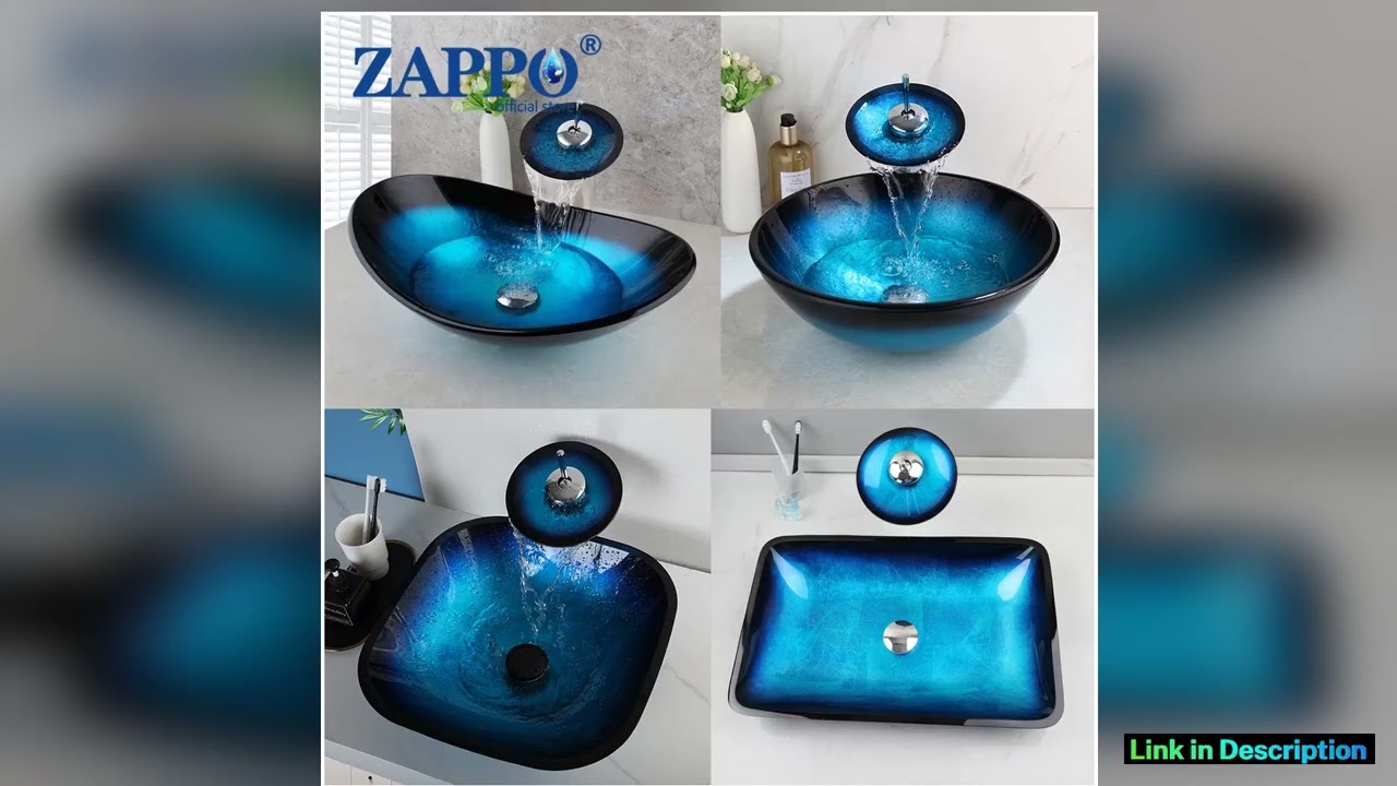 ZAPPO Tempered Glass Bathroom Vessel Sink with Waterfall Black Faucet Tap Bathroom Oval Blue Vessel