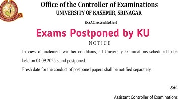 KASHMIR UNIVERSITY POSTPONED ALL EXAMS CLUSTER UNIVERSITY SRINAGAR EXAM UPDATE 