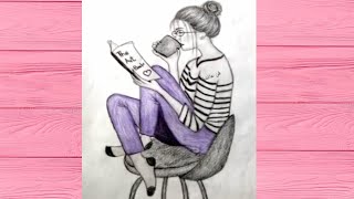 كيفية رسم فتاة جميلة بفنجان من القهوة جالسة على كرسي رسم قلم رصاص | رسم بنات |
