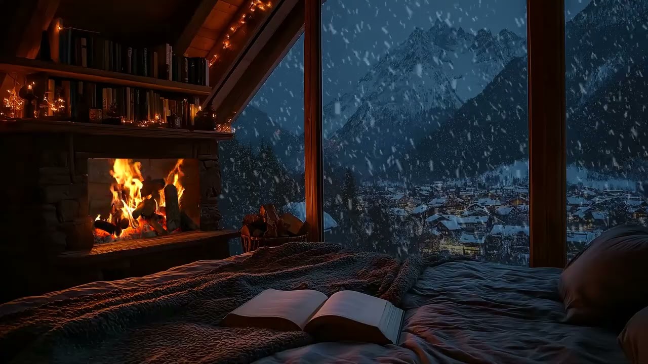 Serene Cabin Night | Crackling Fireplace & Snowfall for Deep Sleep