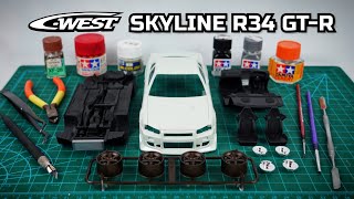 Building A C-West Nissan Skyline R34 Gt-R Replica Model Car. 124 Scale Plastic Model Aoshima,Tamiya