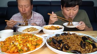 Spicy Bibimbap, Deep-fried Shrimp, Jumbo-sized Jajangmyeon with seafood - Mukbang eating show