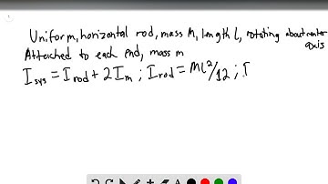 A uniform horizontal rod of mass and length rotates with angular velocity about a vertical axis thro