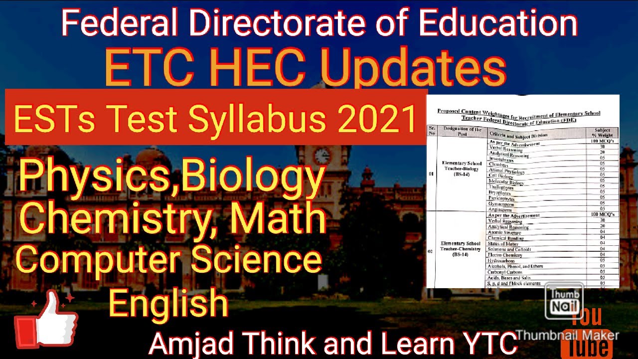 EST Test Syllabus 2021 | ETC HEC Federal Directorate of Education Syllabus written test All post