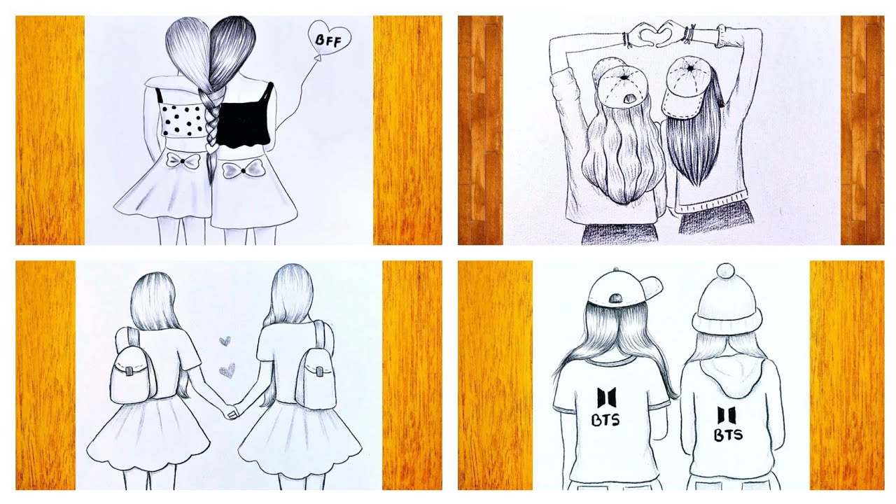 4 dibujos sencillos con mejores amigas / Aprende a dibujar chicas paso a  paso / BFF dibujo sencillo - YouTube