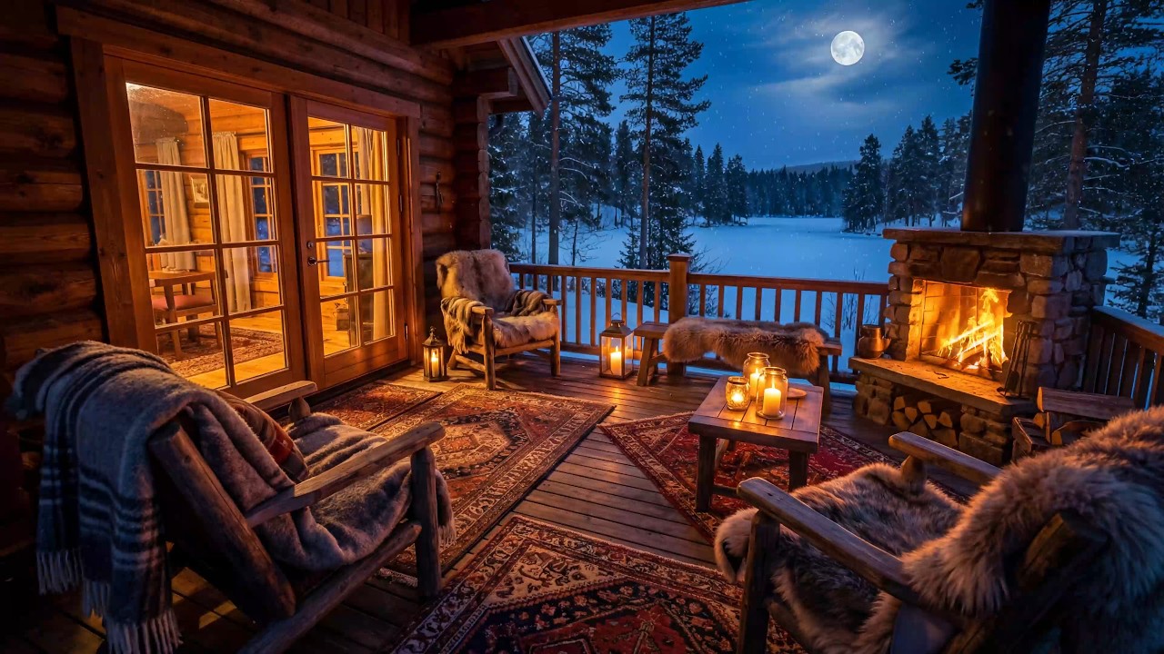 Cozy Cabin Porch Ambience & Winter Jazz Music 🔥 Snowfall and Fireplace Sounds for Quiet Evenings