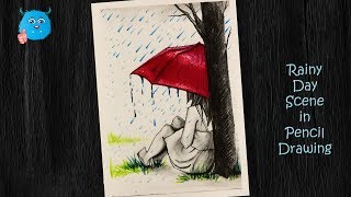 rainy drawing scenery rain scene draw umbrella easy beginners