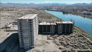 Laughlin, Nevada, the abandoned Emerald River Resort, aerial video