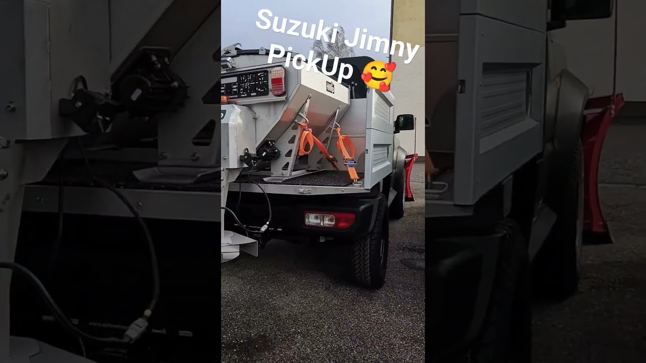 Suzuki Jimny PickUp Teaser mit THE BOSS V-Pflug und HILLTIP ICESTRIKER Aufbaustreuer