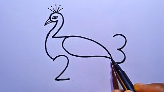 How To Draw Peacock With 223 Number Step By Step Drawing || Peacock Drawing Easy || Number Drawing