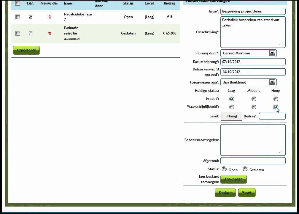 Projectcontrol - Projectissue nieuw toevoegen