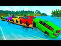 Flatbed Trailer McQueen Transportation with Truck - Speedbumps vs Cars vs Train - BeamNG Drive #011