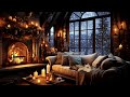 Cozy winter ambience with crackling fire and gently falling snow sleeping cats  candles