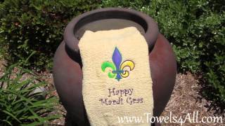 Fleur De Leis Mardi Gras Applique on Yellow Bath Towel - video demo