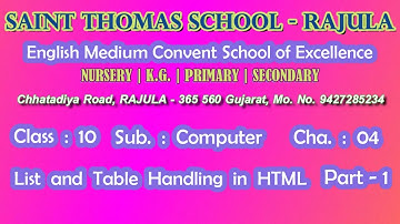 CLASS 10, COMPUTER, CHAPTER 04 (List and Table Handling in HTML) Part - 1