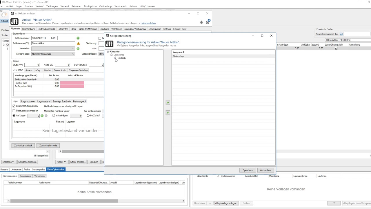 JTL-Wawi - Kategorien für Onlineshop einem Artikel zuweisen und aktivieren
