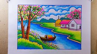 Beautiful Village Scenery Drawing | River, Boat, House & Trees Drawing
