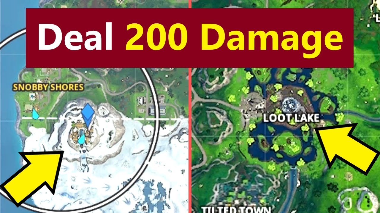 Deal damage to opponents at a mountain top Viking Village or Loot Lake (Fortnite Worlds Collide)