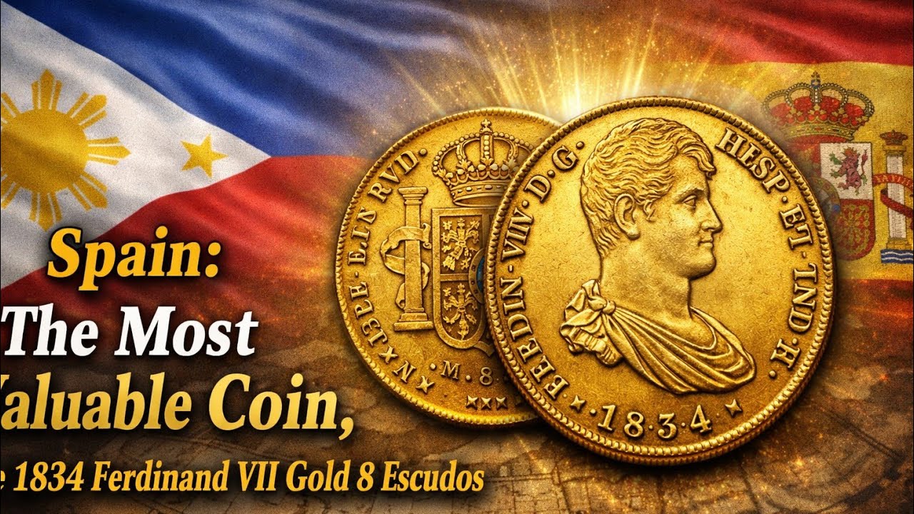 Испания: Самая ценная монета — 8 золотых эскудо Фердинанда VII 1834 года.