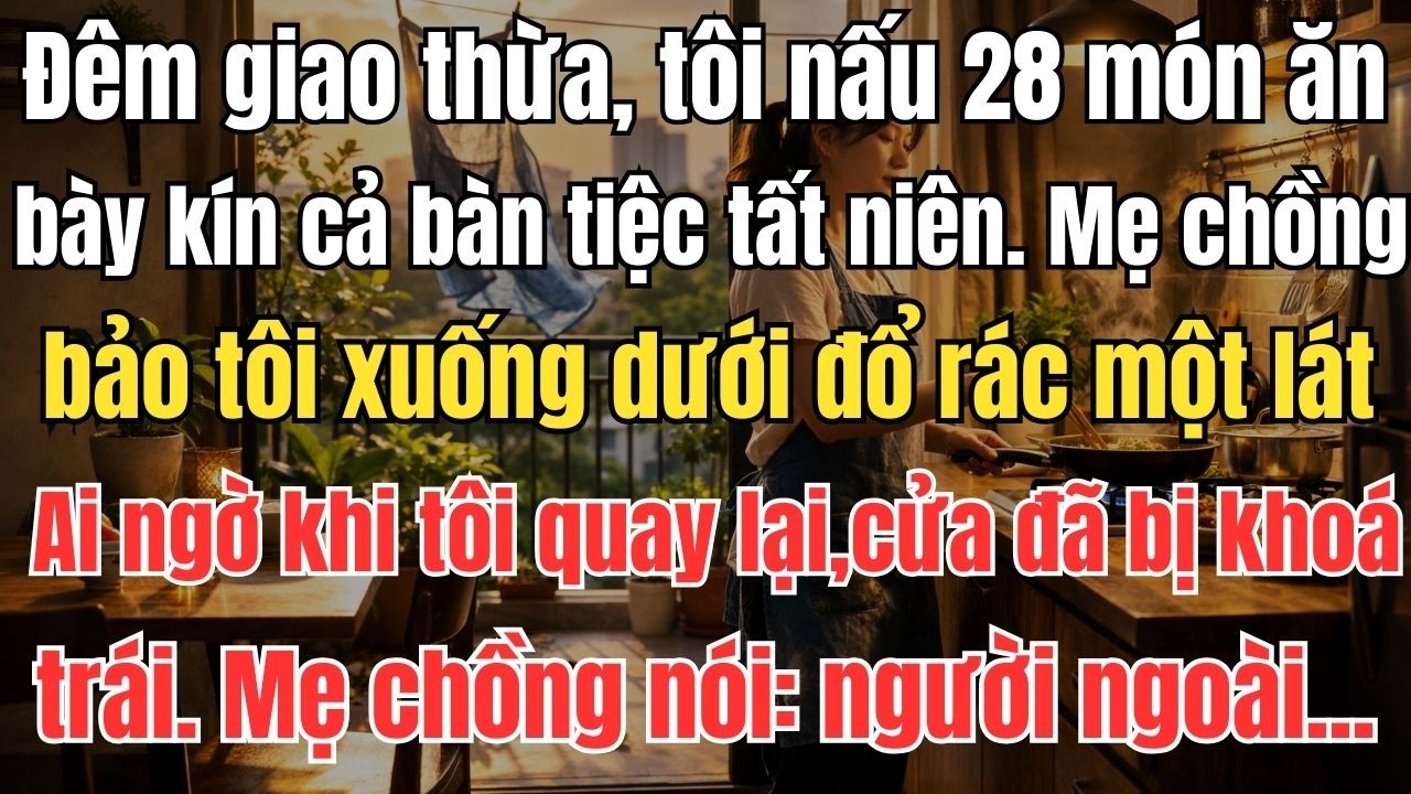 Đêm giao thừa, tôi nấu 28 món ăn bày kín cả bàn tiệc tất niên.Mẹ chồng bảo tôi xuống dưới đổ rác một