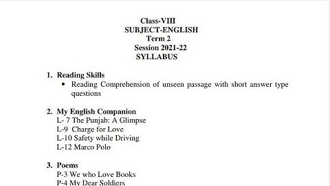 Class-8th  ENGLISH Term 2  SYLLABUS and STRUCTURE OF QUESTION PAPER Pseb Board Punjab Education