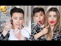 My LITTLE BROTHER does the NOT MY HANDS Makeup Challenge!