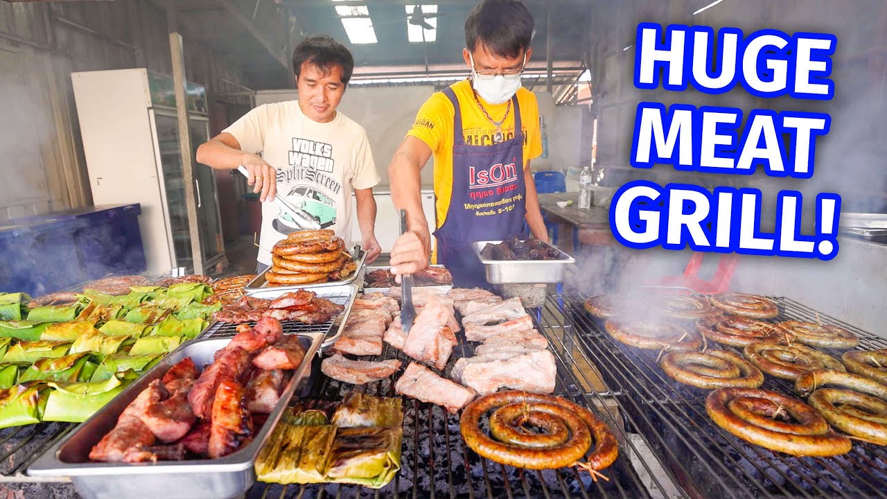 Thai Street Food - HUGE MEAT BBQ!! Sausage Coils + Curry Noodles in Mae Sariang, Thailand! Thai Street Food - HUGE MEAT BBQ!! Sausage Coils + Curry Noodles in Mae Sariang, Thailand!