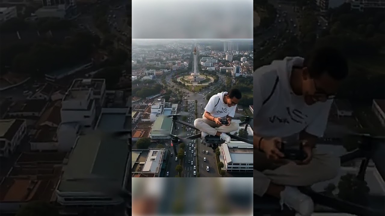 Surreal Drone Ride Animation Above City Monument 