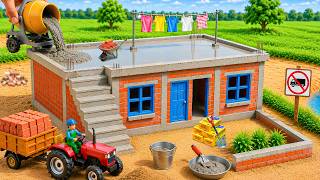 DIY Mini Tractor Builds a Brick House with Rooftop Laundry Terrace | Construction Science Project