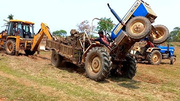 Swaraj 735 FE Tractor Stuck Pulling By JCB 3dx | Jcb Backhoe Machine Loading Mud In Swaraj Tractors