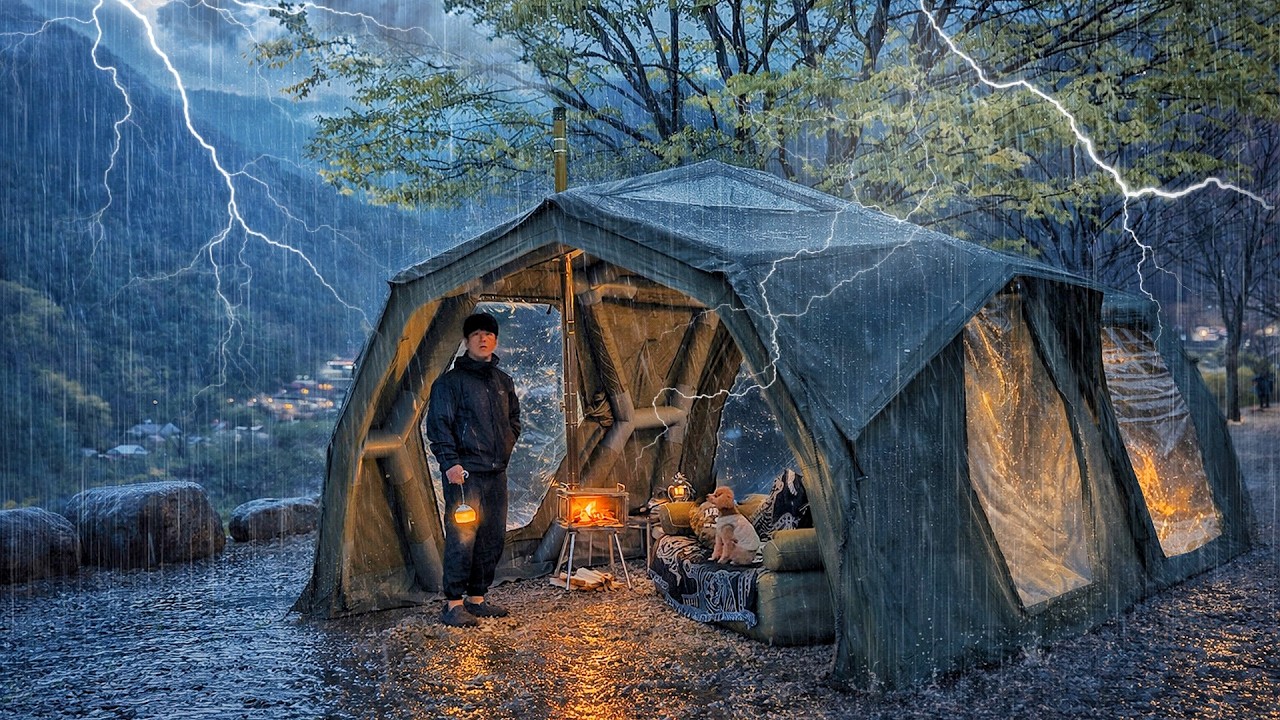 Camping in Heavy Rain with My Dog . 2-Room Inflatable Tent . Sound of Rain ASMR