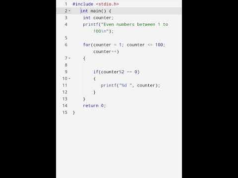 C program to print even numbers between 1 to 100 using for loop#coding ...