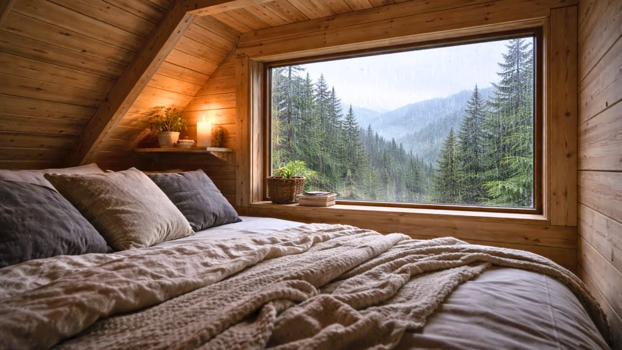 Rainy Treehouse Bedroom Ambience | Cozy Forest View, Candlelight & Rain Sounds (4K)