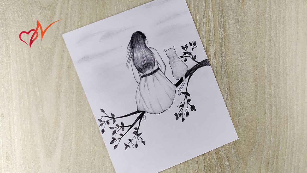 Alone girl sitting on a tree branch Girl sitting with cat pencil