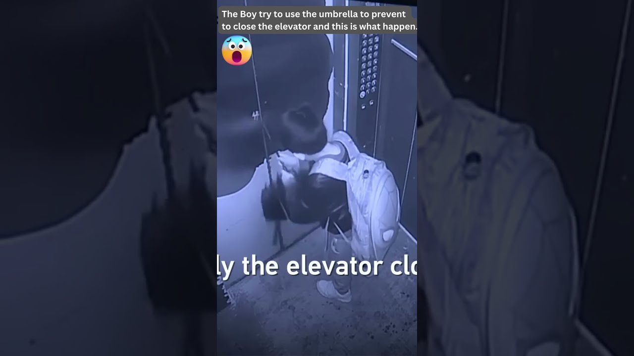 The Boy Try To Shut Door Of Elevator Using Umbrella Shorts