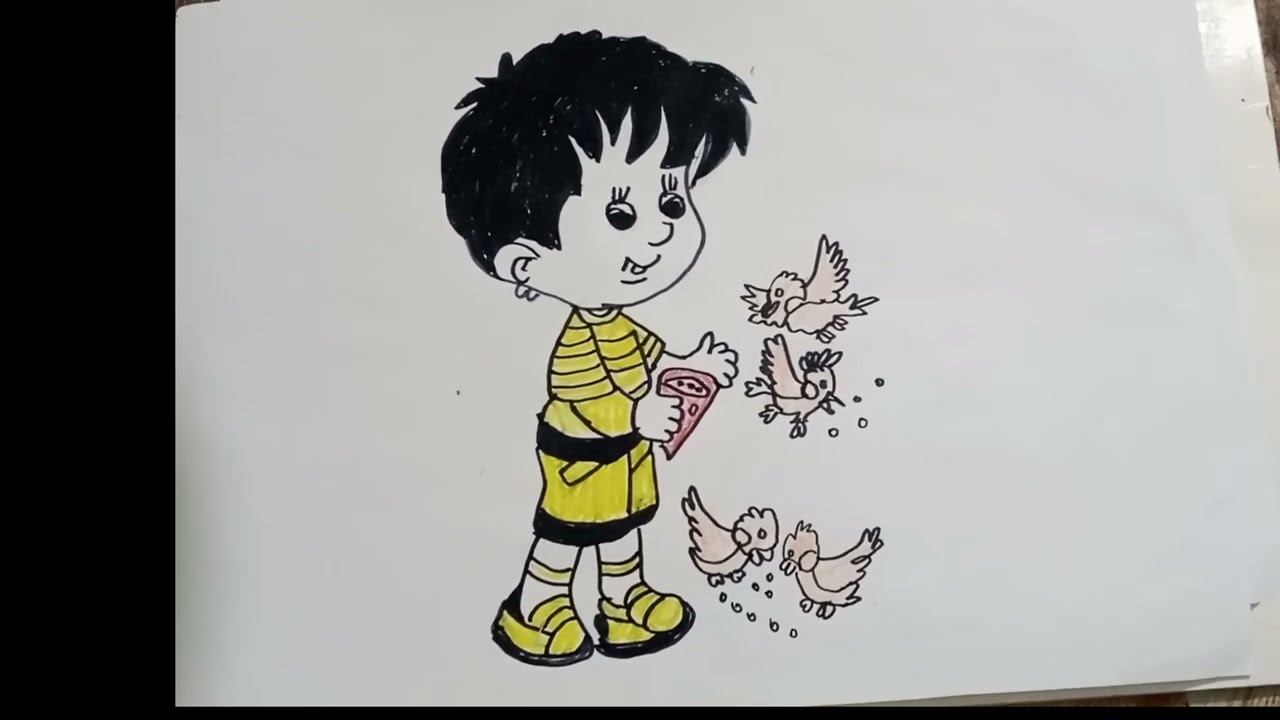How to draw kids  bird feeding .kids give food birds drawing.kids and birds drawing