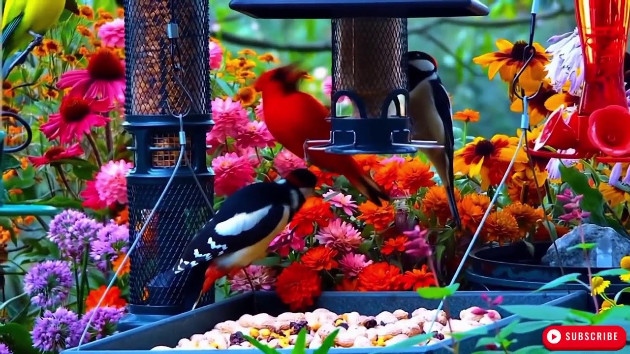 🔴 LIVE 4K Cottage Garden Bird Feeder: Cardinals, Woodpeckers, Song Birds, Bees, Sleep and Flowers