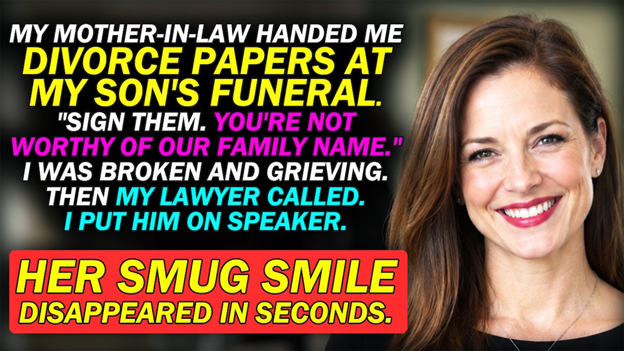 At my son's funeral, my mother-in-law slid a divorce decree across the table and pressed her pen into my hand. "Sign them," she said. "You're not worthy of our family name." My husband stared at...
